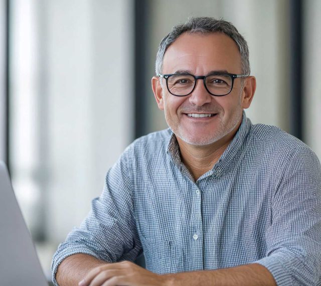 Freundlicher Mann mit Laptop an einem Schreibtisch
