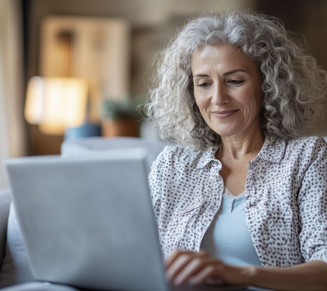 Frau mit grauen Haaren sitzt mit Laptop gemütlich auf einer Couch